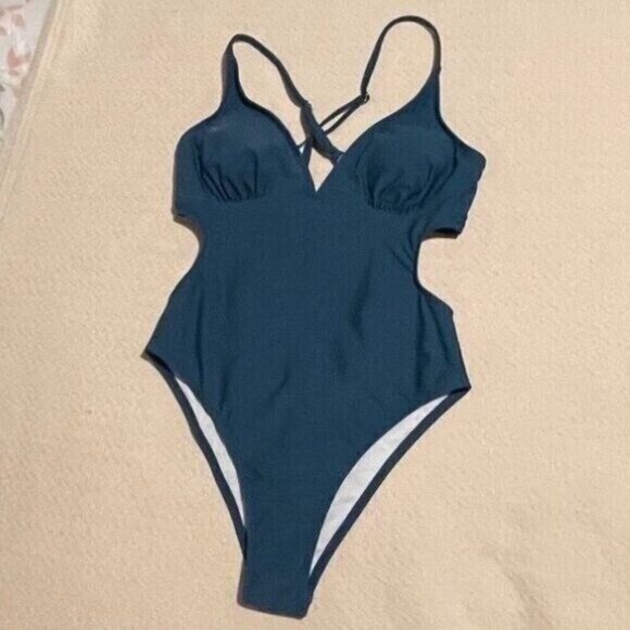 Cupshe Women One-Piece Swimsuit Medium Blue V-Neck Cutout Crossback Strappy - Picture 4 of 10